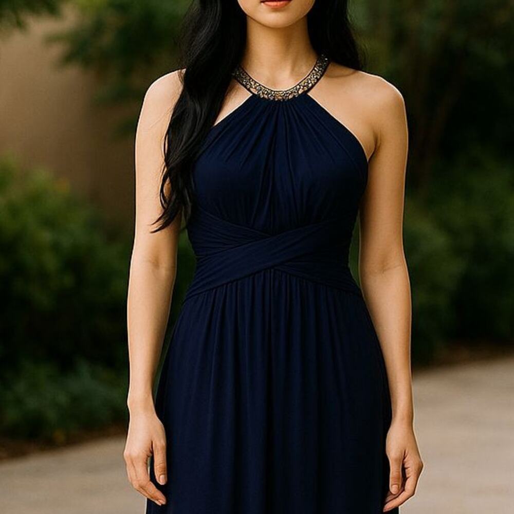Cache Jeweled Neckline Pleated Crossover Waist Cross Back Maxi Formal Dress Sz 2